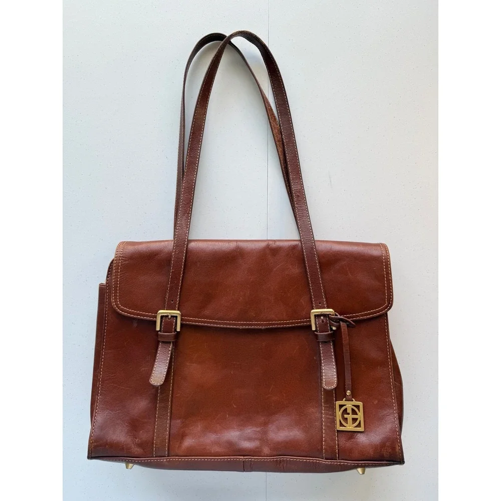 Gianni Bernini Brown Leather Multi-Compartment Shoulder Handbag Business Work